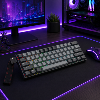 a black and gray keyboard sits on a gamers desk in a dark room, rgb backlit