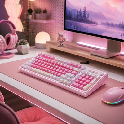 aulas popular creamy pink s99 series keyboard on a desktop of a girls room