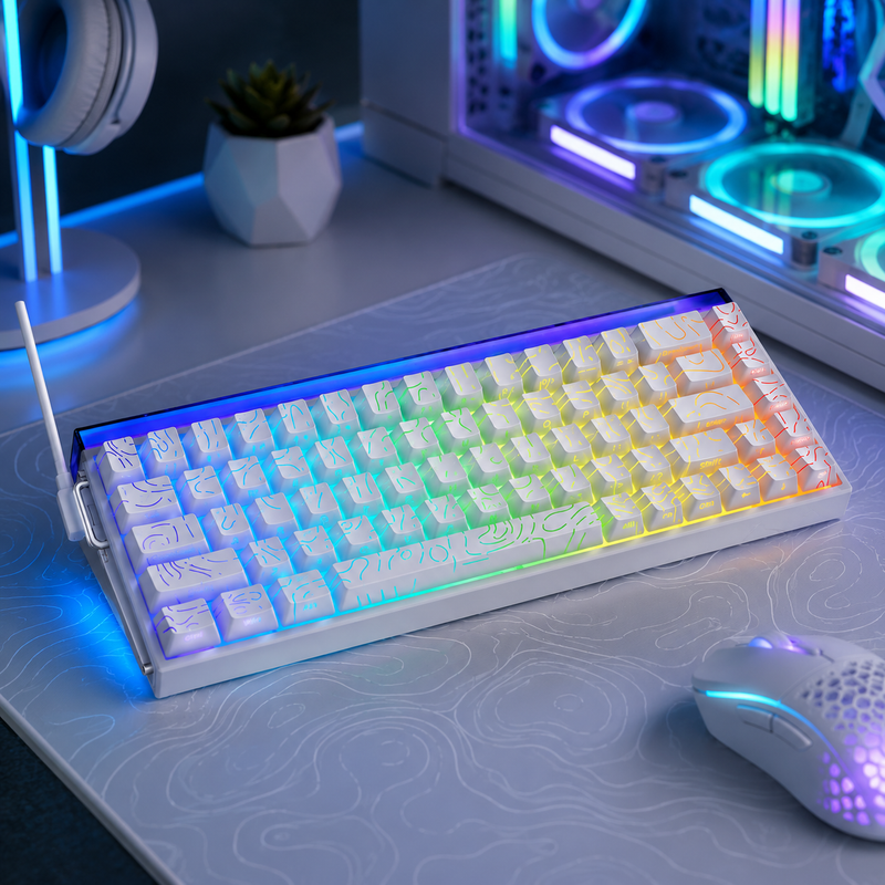 white keyboard in the Hall Effect series sits in a dark gamers room with glowing rainbow lights