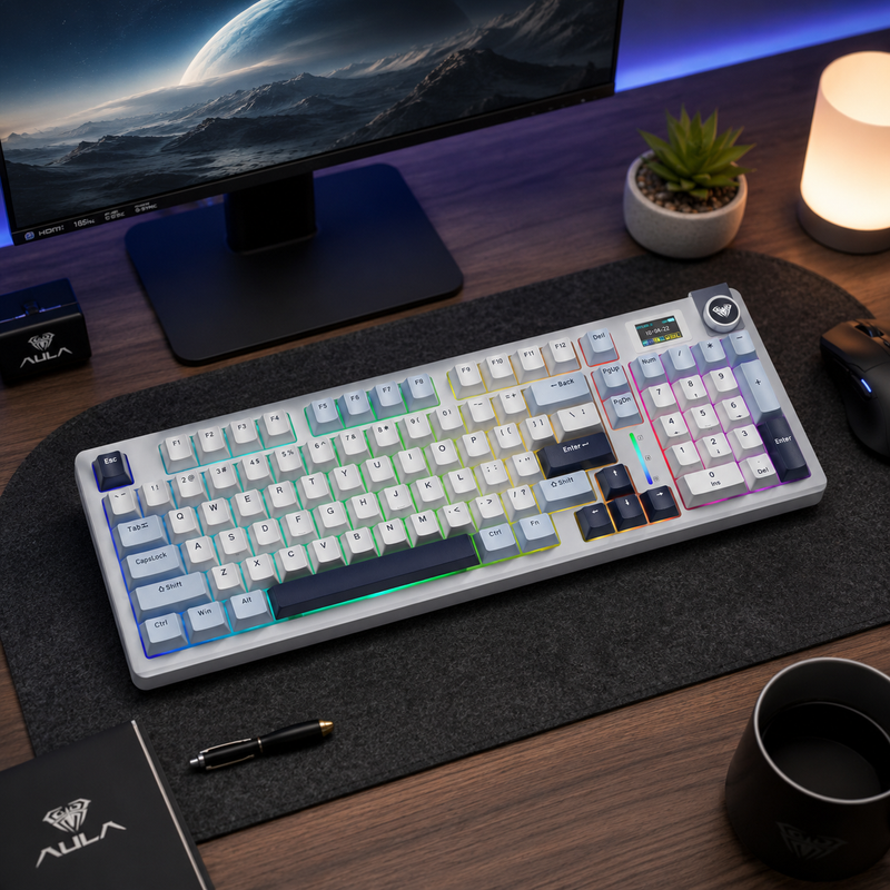 full size layout keyboard in classic colors on a desktop, rgb backlit
