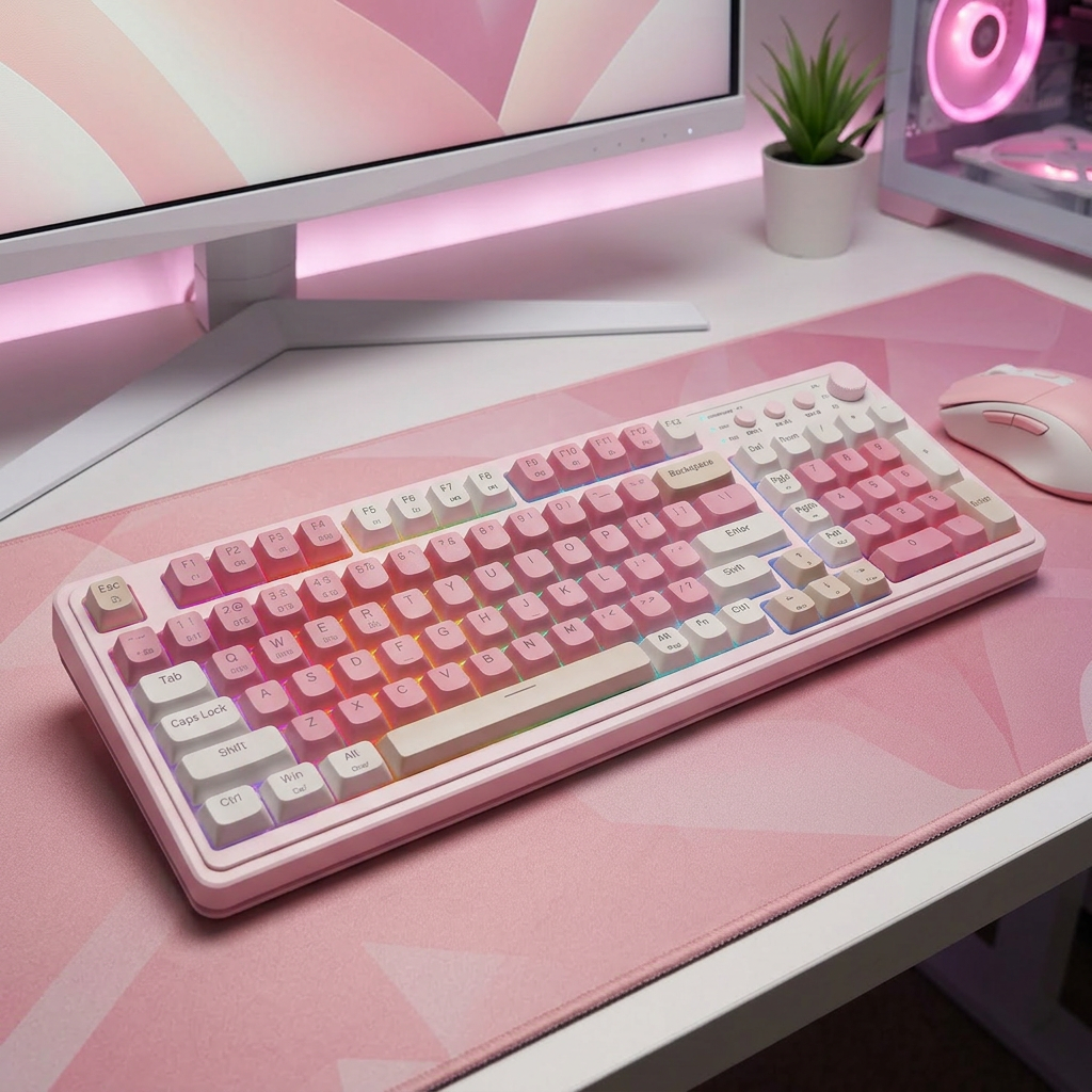 membrane keyboard on a coordinating pink and white themed gamers desk