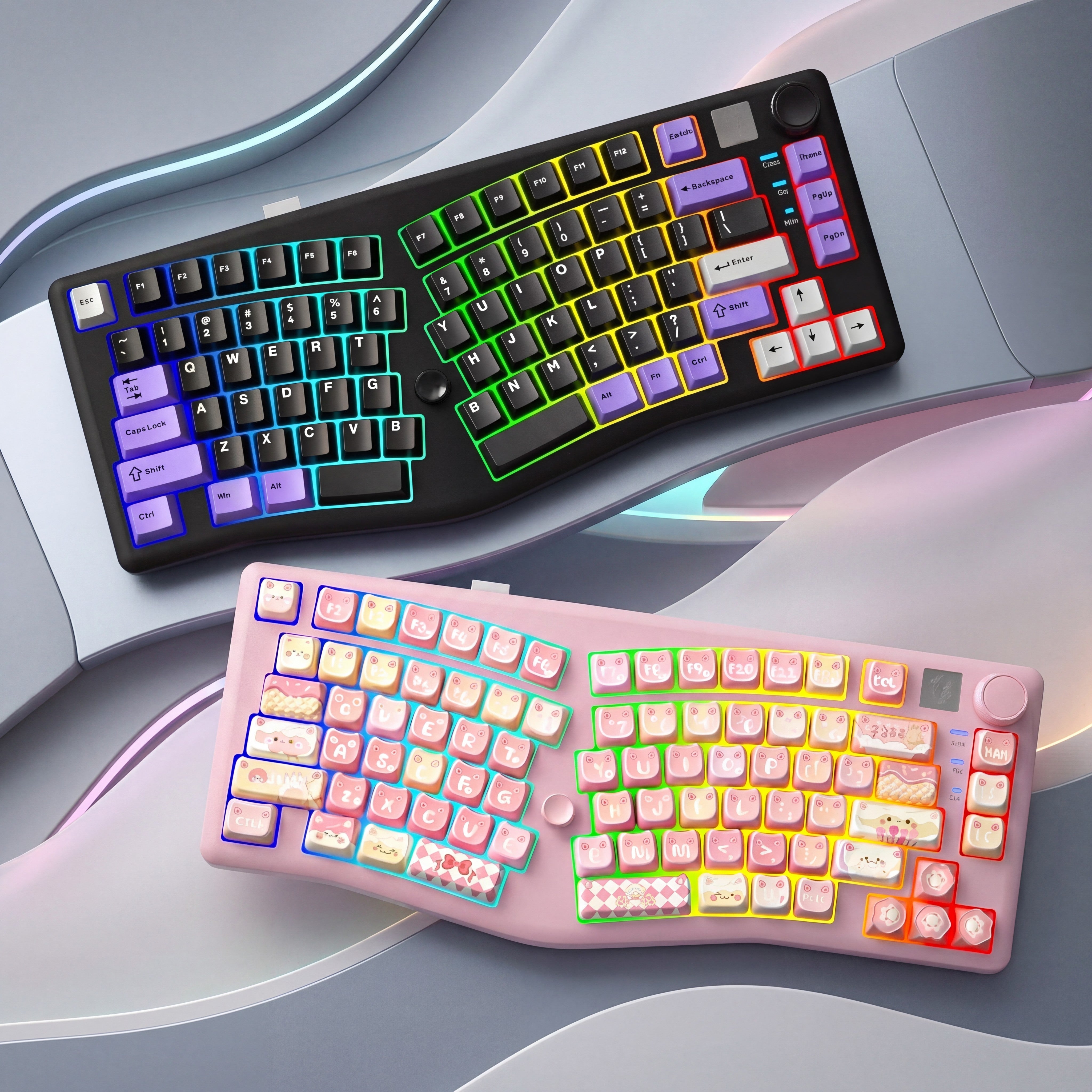 LEOBOG and AULA's ergonomic keyboards, showing two styles of split keyboards on flowing curved contours