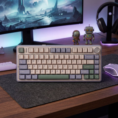 a retro keyboard at 75% layout is shown displayed on a gamers desk