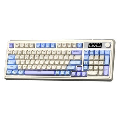 Mechanical keyboard with blue and white keys on a white background