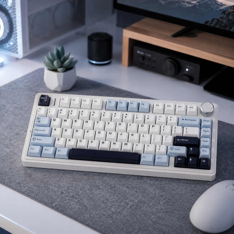 Mechanical keyboard on a desk with a computer setup in the background