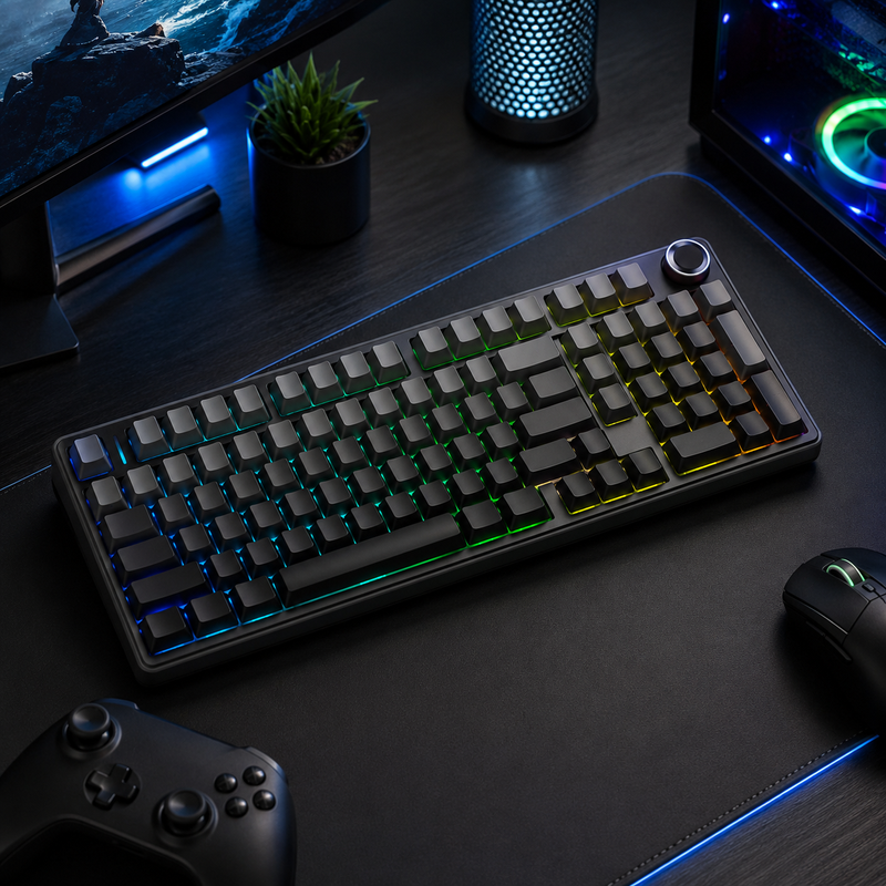 Gaming setup with keyboard, mouse, and controller on a dark desk.