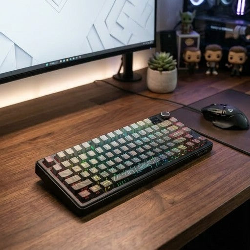 F75 Max Mechanical keyboard on a desk with a computer monitor and mouse in the background