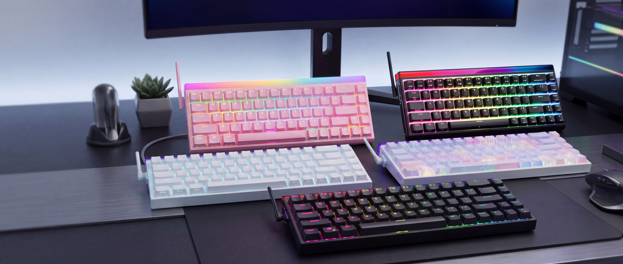 Collection of colorful keyboards on a desk with a monitor in the background