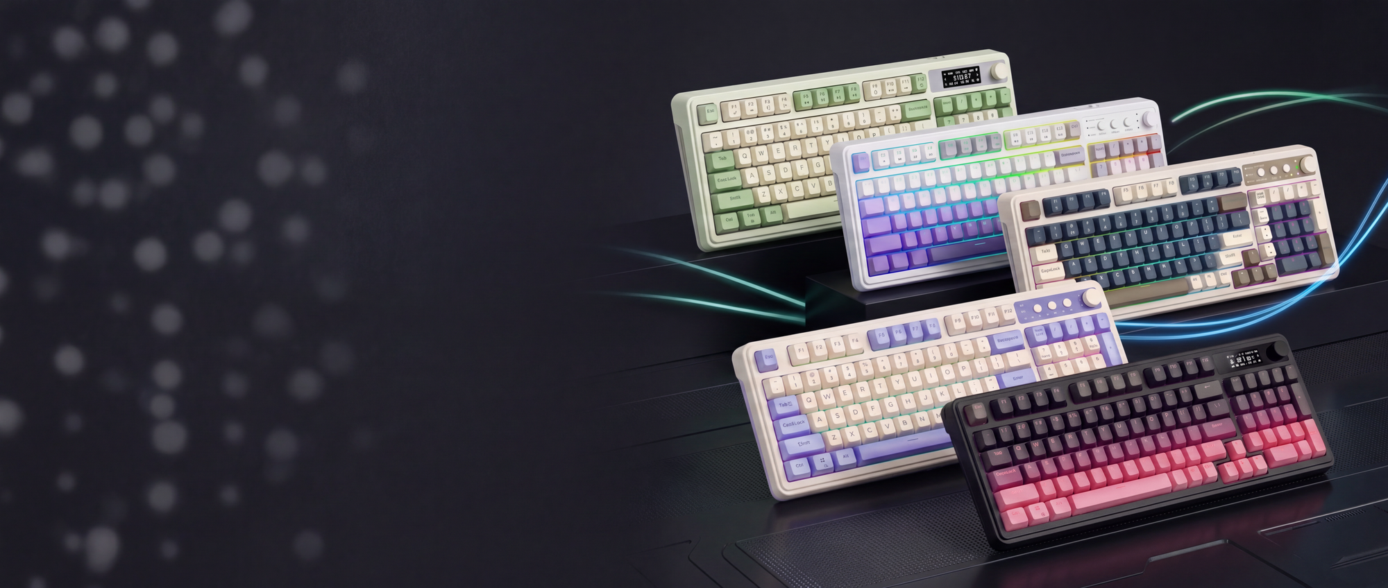 Five different keyboards with colorful backlit keys on a dark background