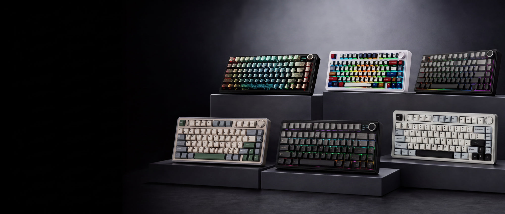 Collection of various mechanical keyboards on a dark background