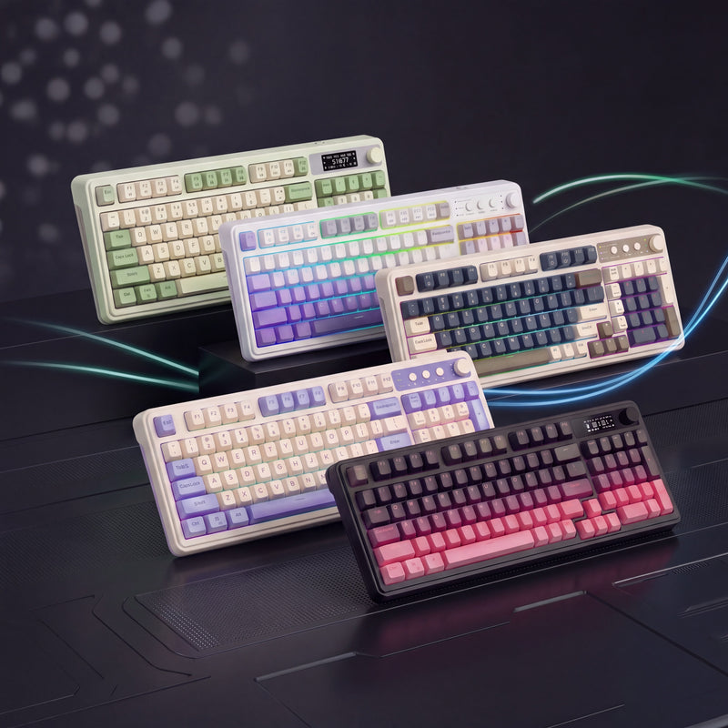 Set of colorful keyboards on a dark surface with a blurred background