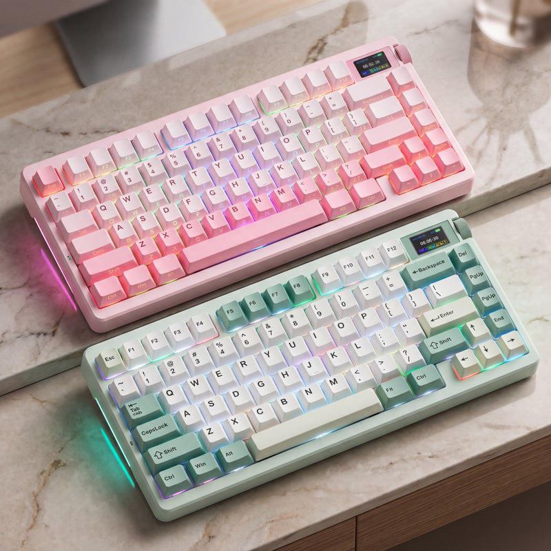 Two colorful N75 keyboards on a marble surface