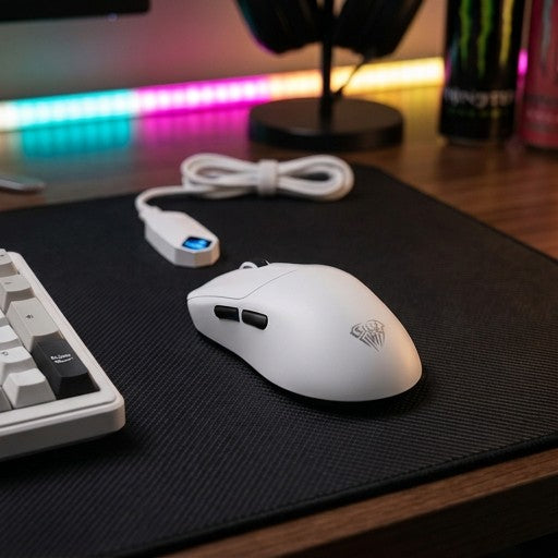 White gaming SC800 mouse on a desk with keyboard and colorful lights in the background