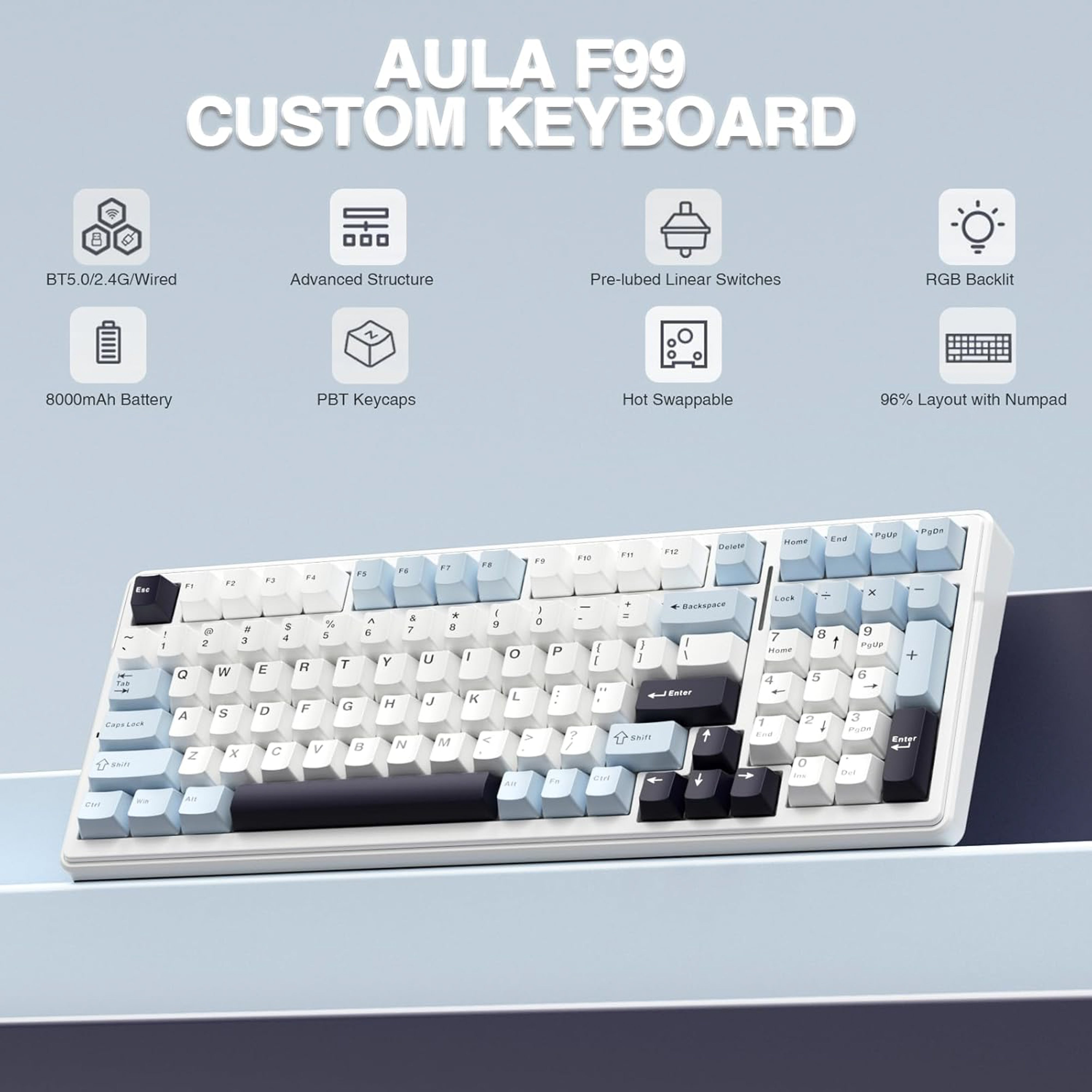 Mechanical keyboard with blue and black keys on a white background