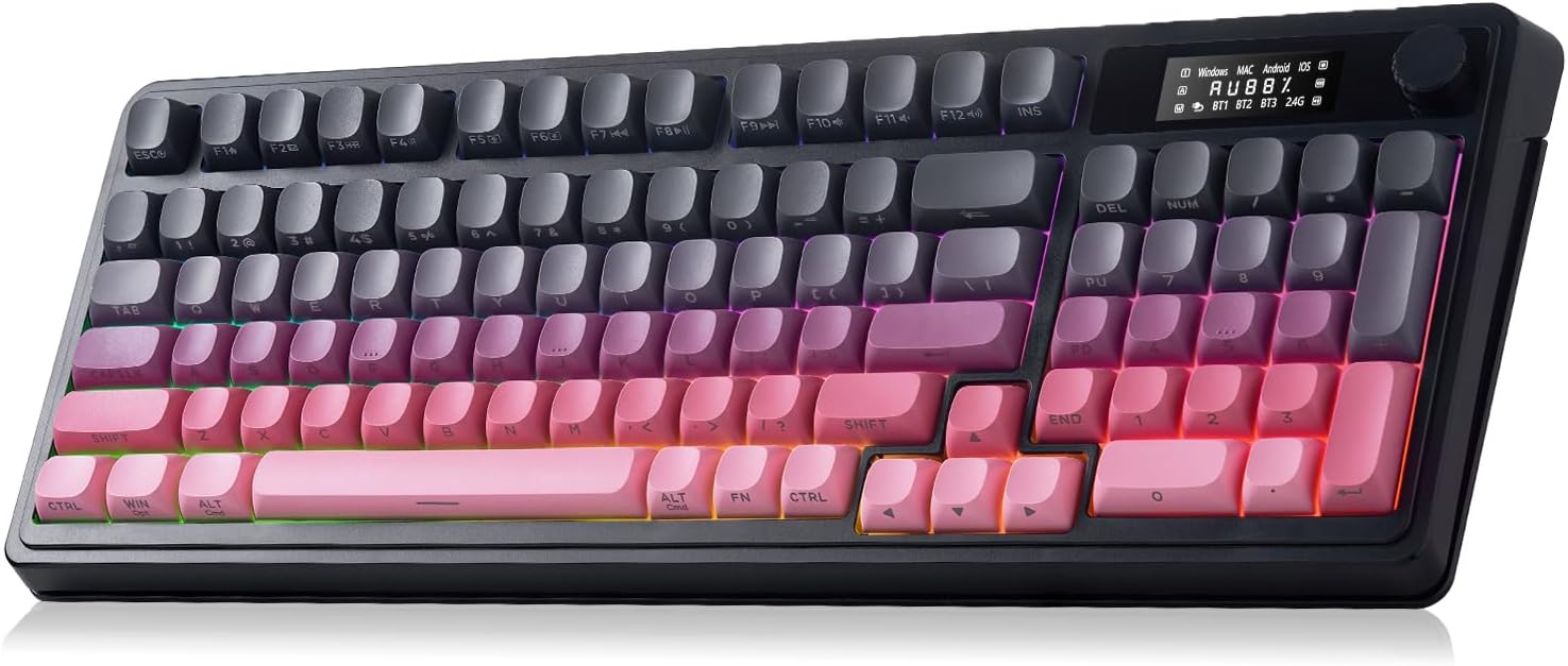 Mechanical keyboard with pink and gray keys on a black keyboard frame