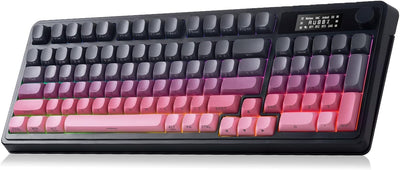 Mechanical keyboard with pink and gray keys on a black keyboard frame