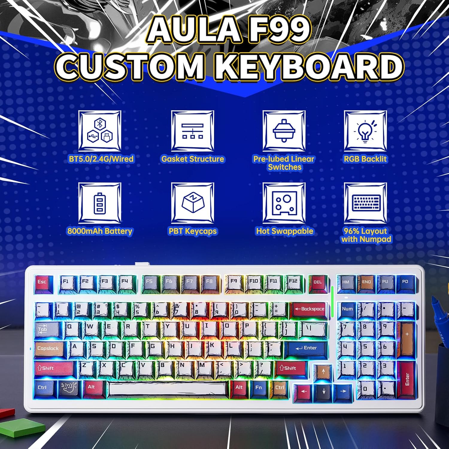 Colorful keyboard with a white frame on a white background