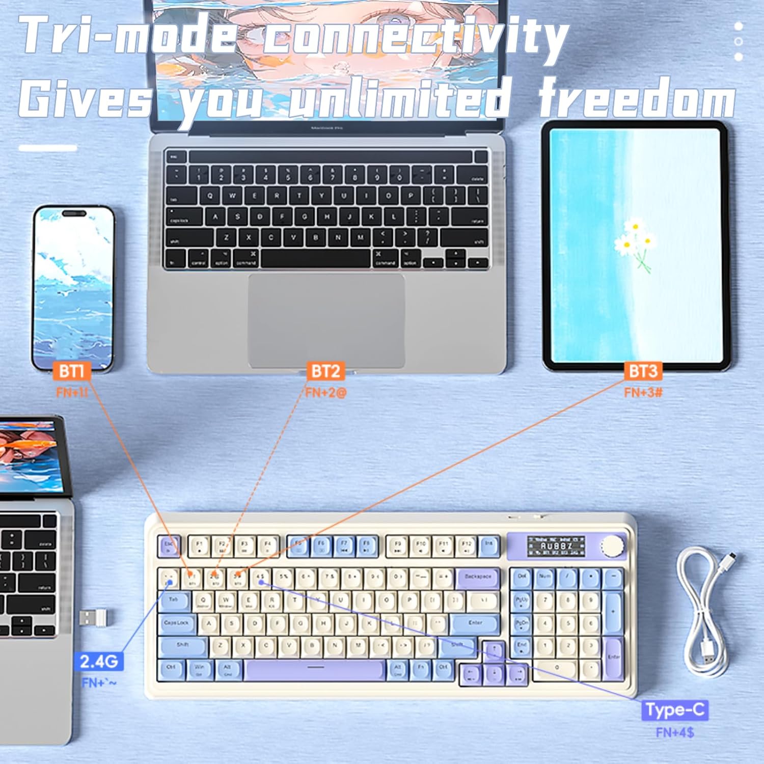 Mechanical keyboard with blue and white keys on a white background