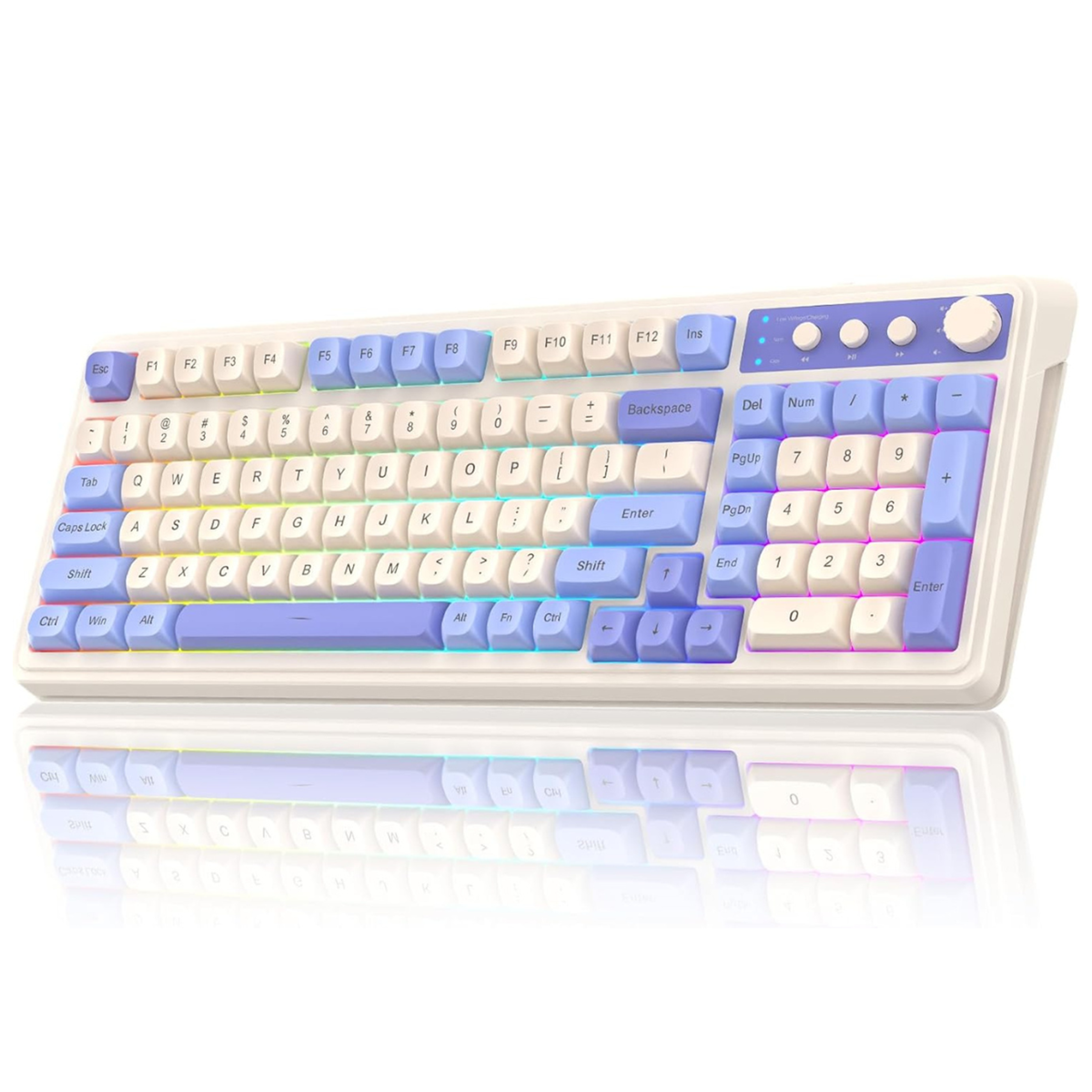 Keyboard with blue and white keys on a white background