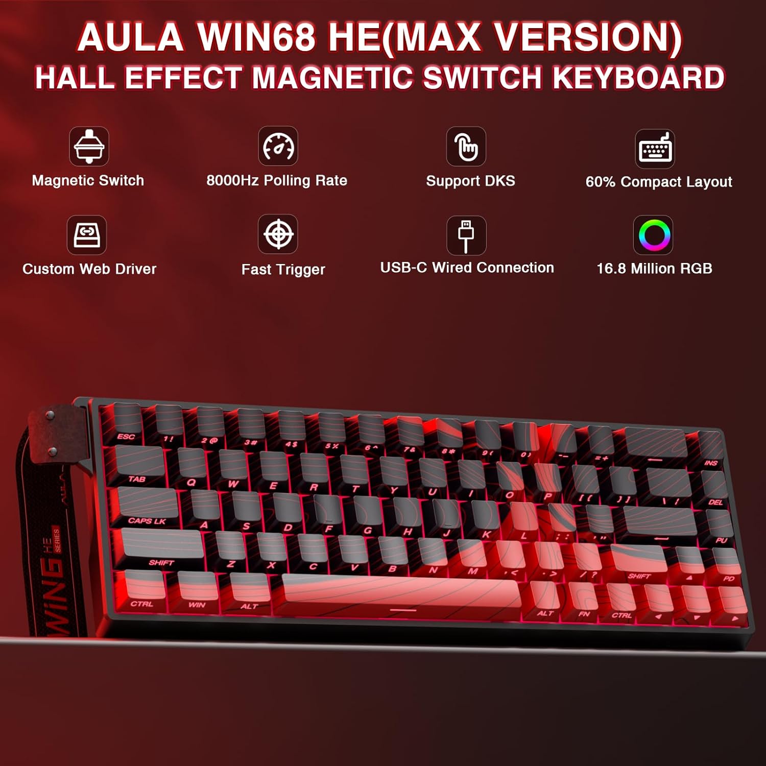 Mechanical keyboard with red backlit keys on a white background