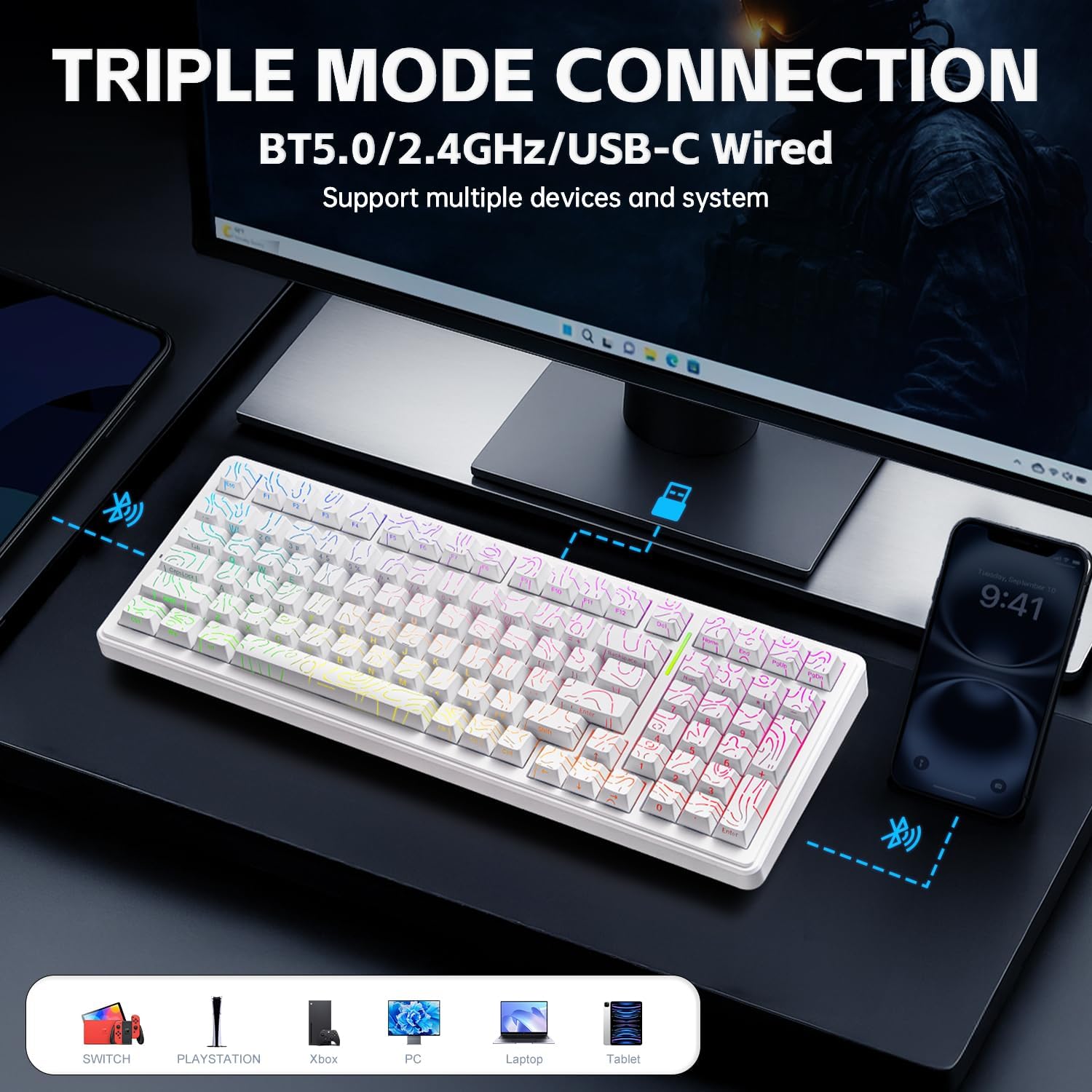 Gaming keyboard with white frame and multicolor keys on a white background