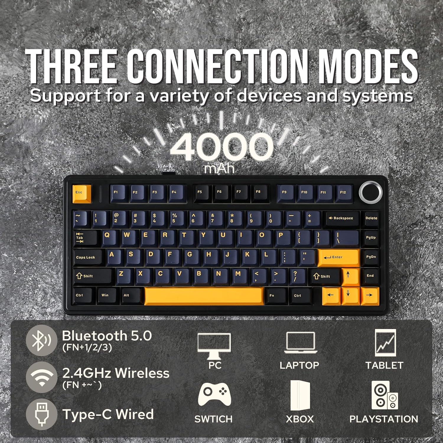 Mechanical keyboard with black keys and yellow escape key on a white background