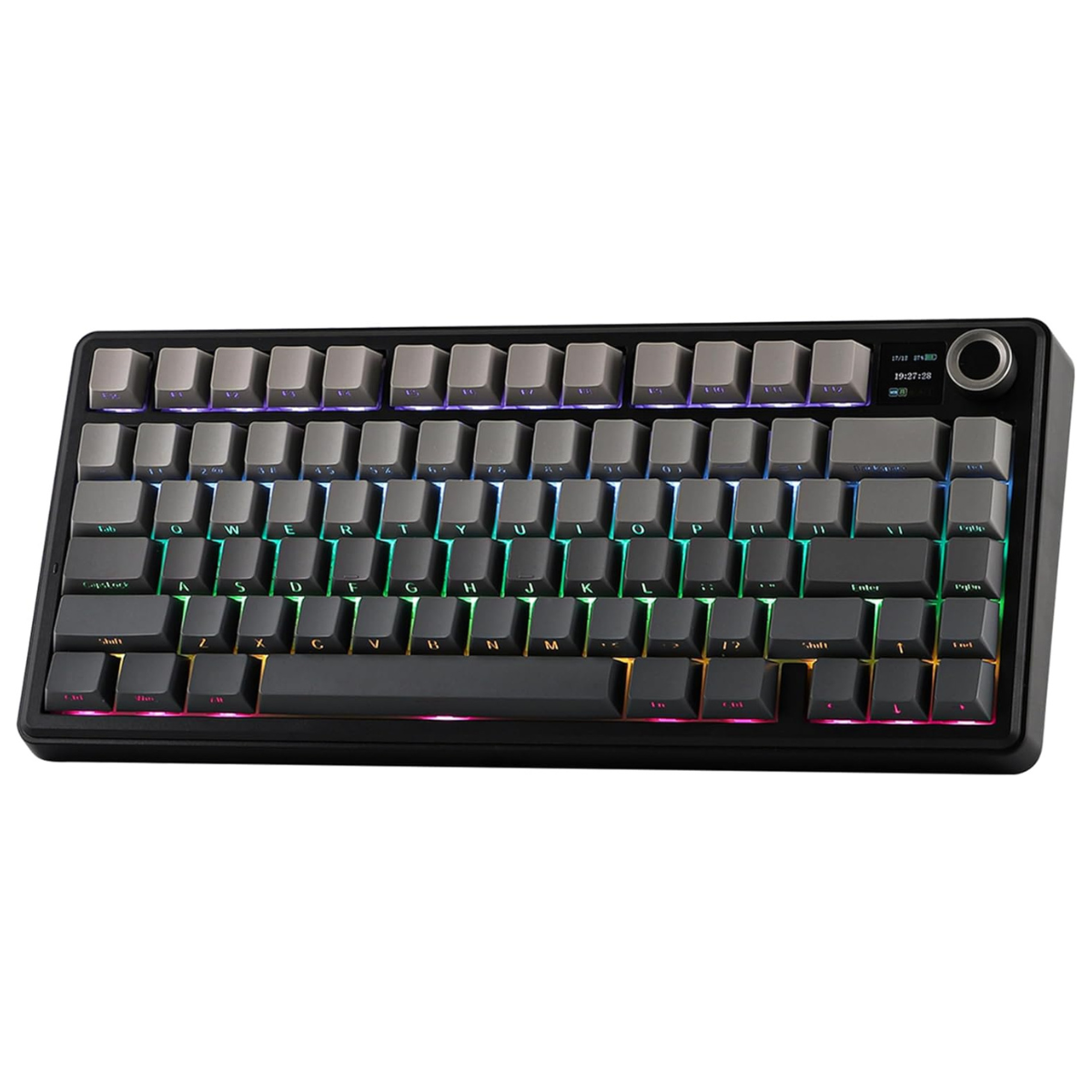 Black mechanical keyboard with RGB lighting on a white background
