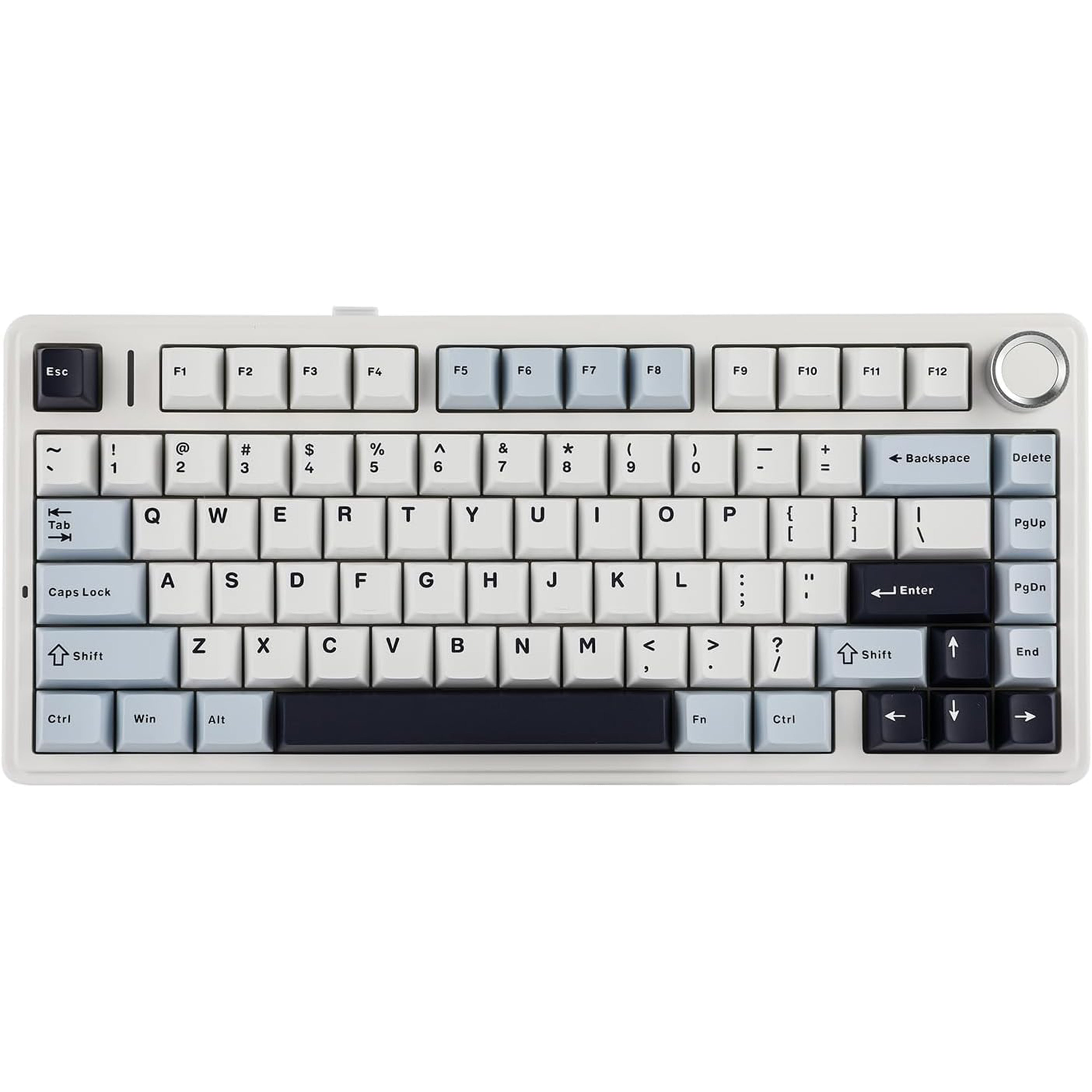 Mechanical keyboard with a white frame with blue gray keys on a white background