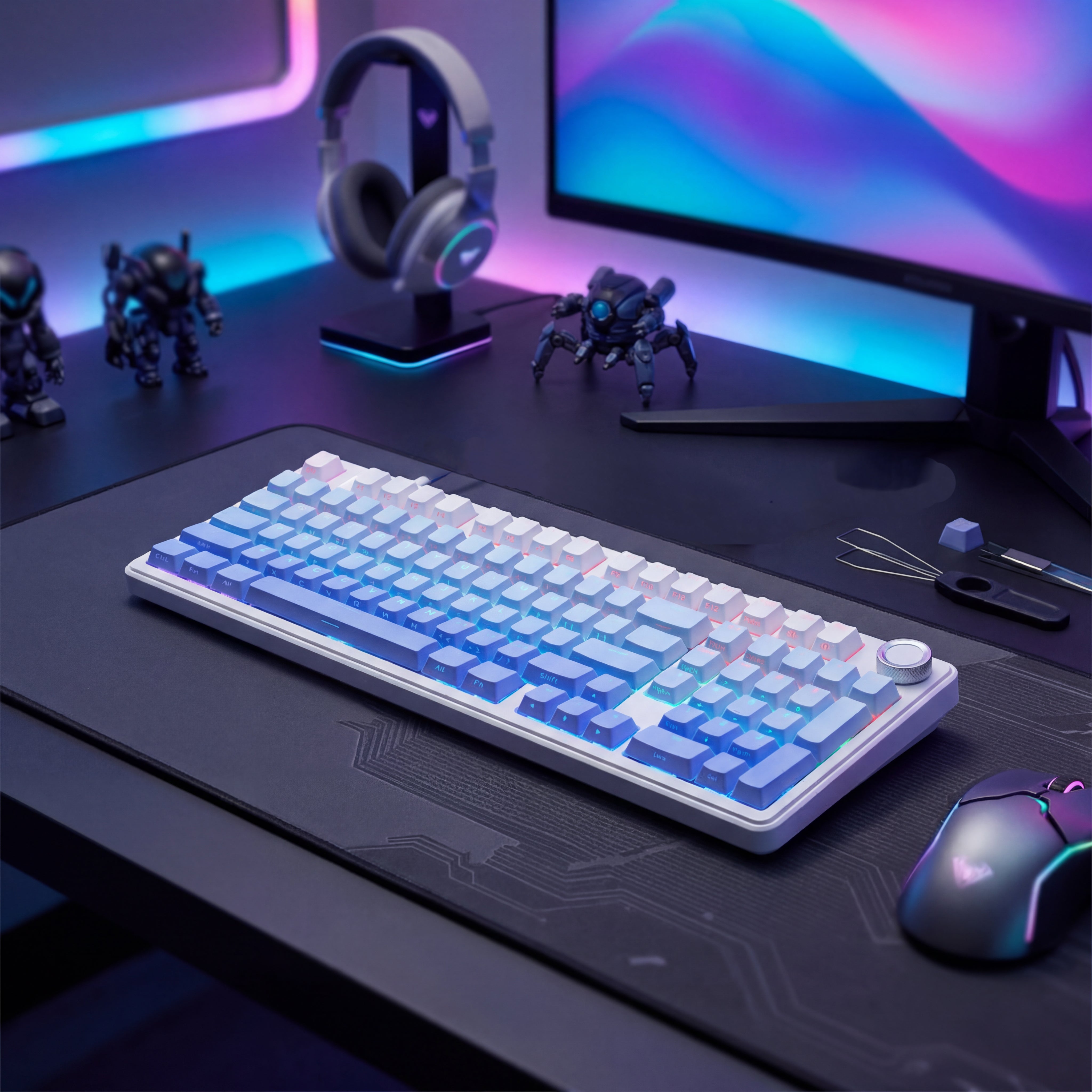 Gaming setup with keyboard, mouse, monitor, and accessories on a desk.