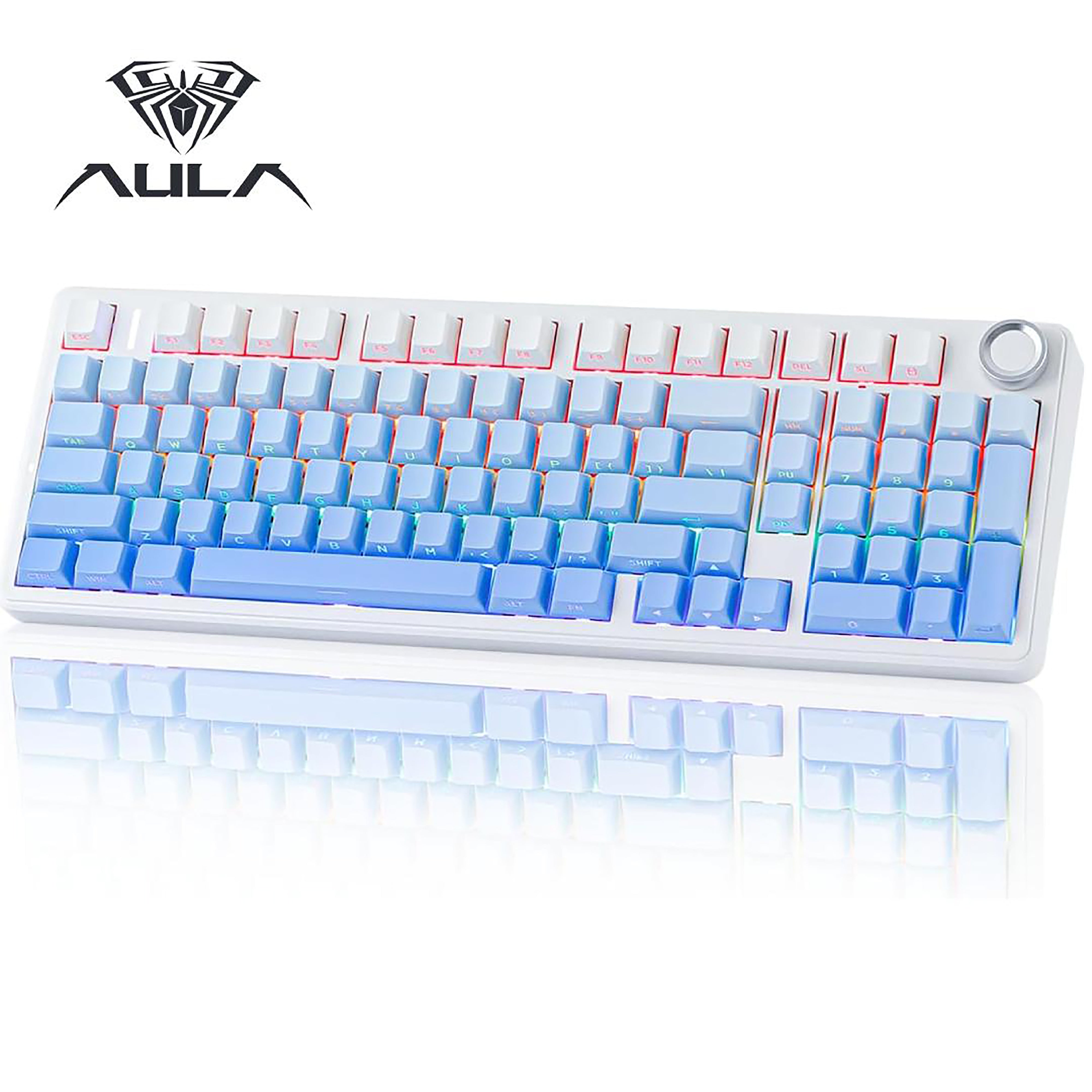 Keyboard with blue keys and white frame on a white background, featuring the AULA logo.
