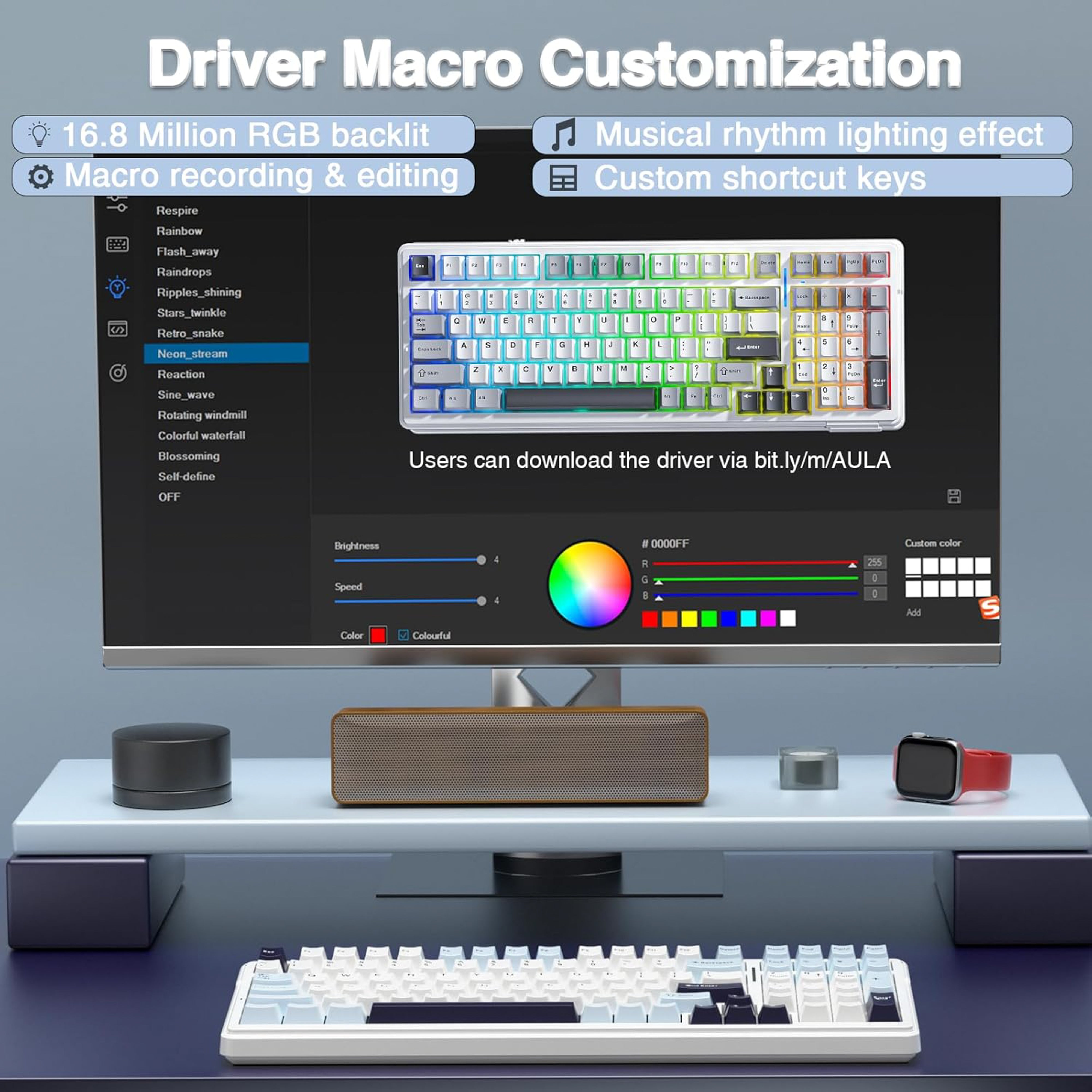 Mechanical keyboard with blue and black keys on a white background