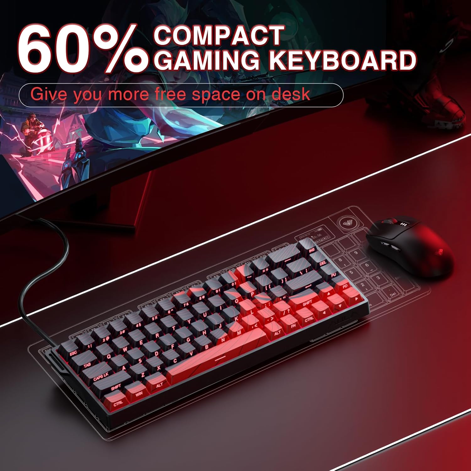 Mechanical keyboard with red backlit keys on a white background