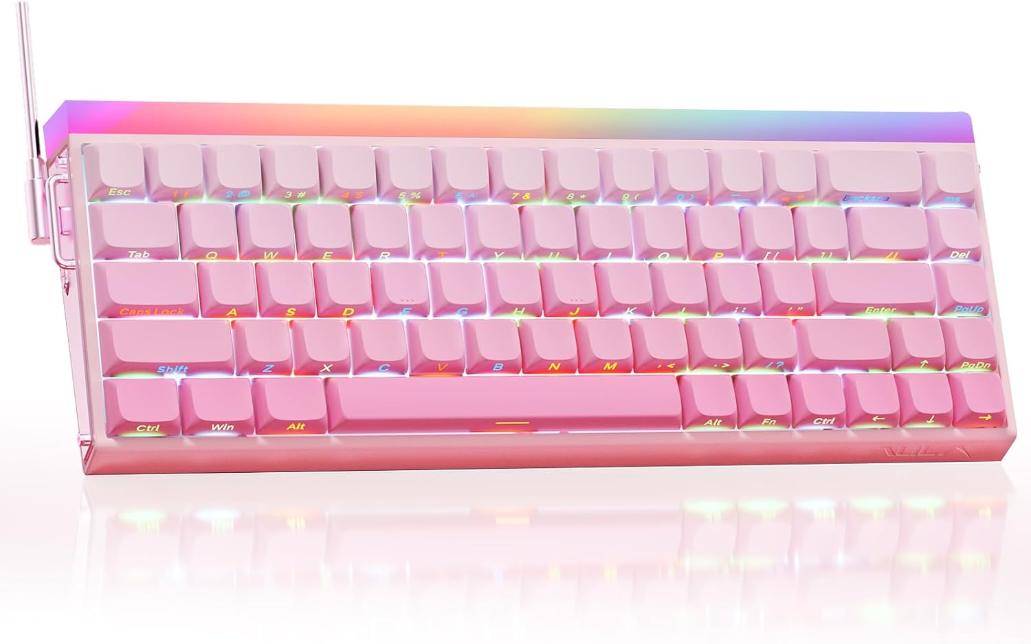 Pink keyboard with rainbow backlight on a white background