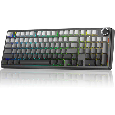 Black and gradient grey mechanical keyboard with RGB lighting on a white background