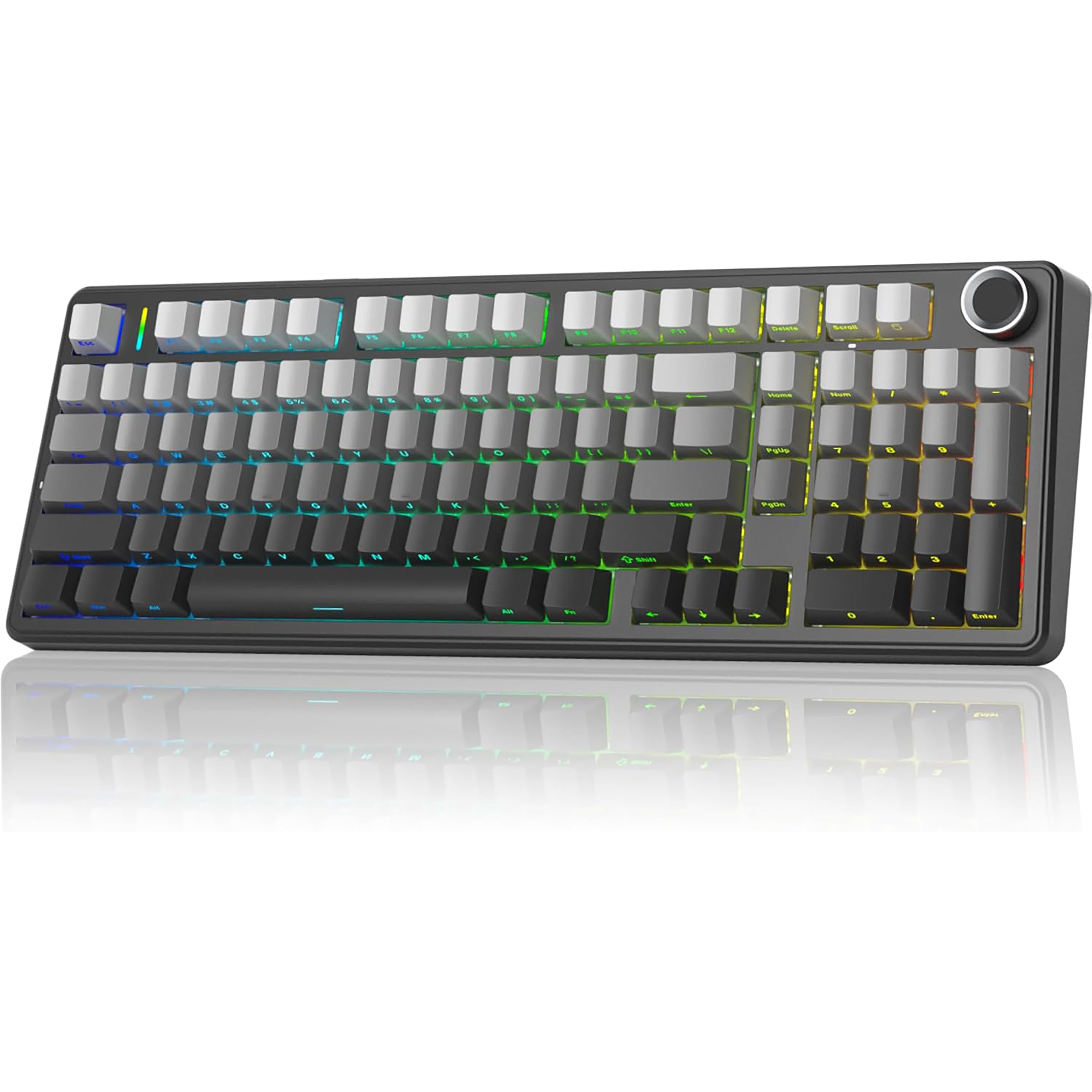 Black and gradient grey mechanical keyboard with RGB lighting on a white background