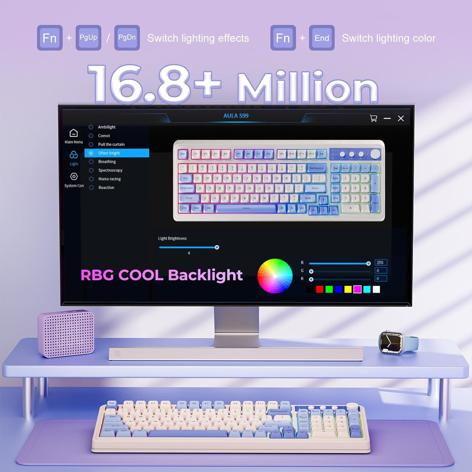Mechanical keyboard with RGB lighting on a white background