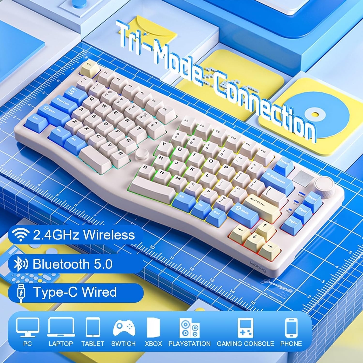 Colorful keyboard with a unique design on a pink background