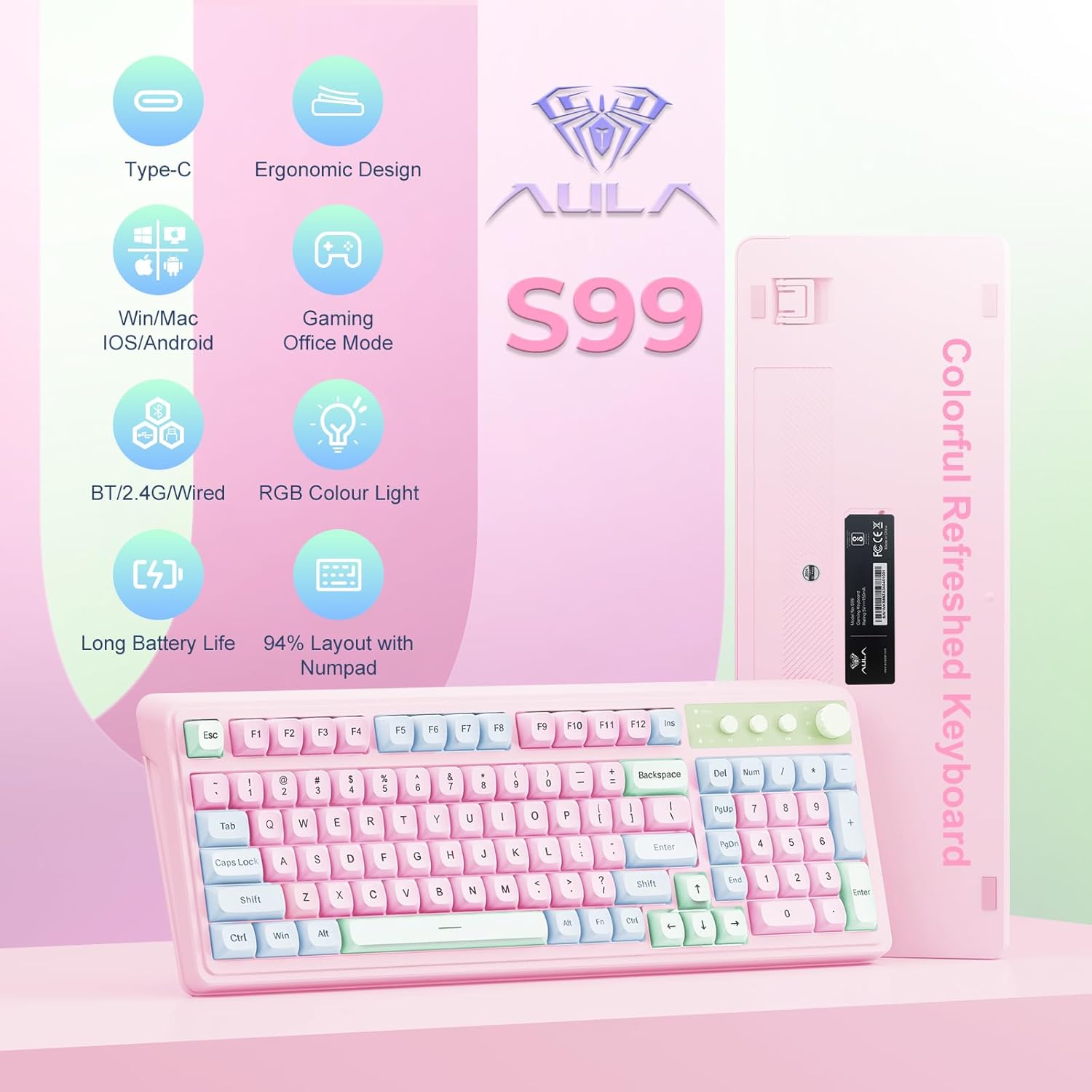 Pink and white mechanical keyboard on a white background