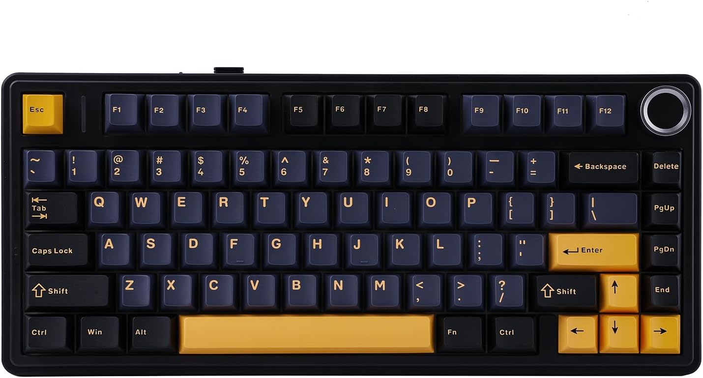 Mechanical keyboard with black keys and yellow escape key on a white background