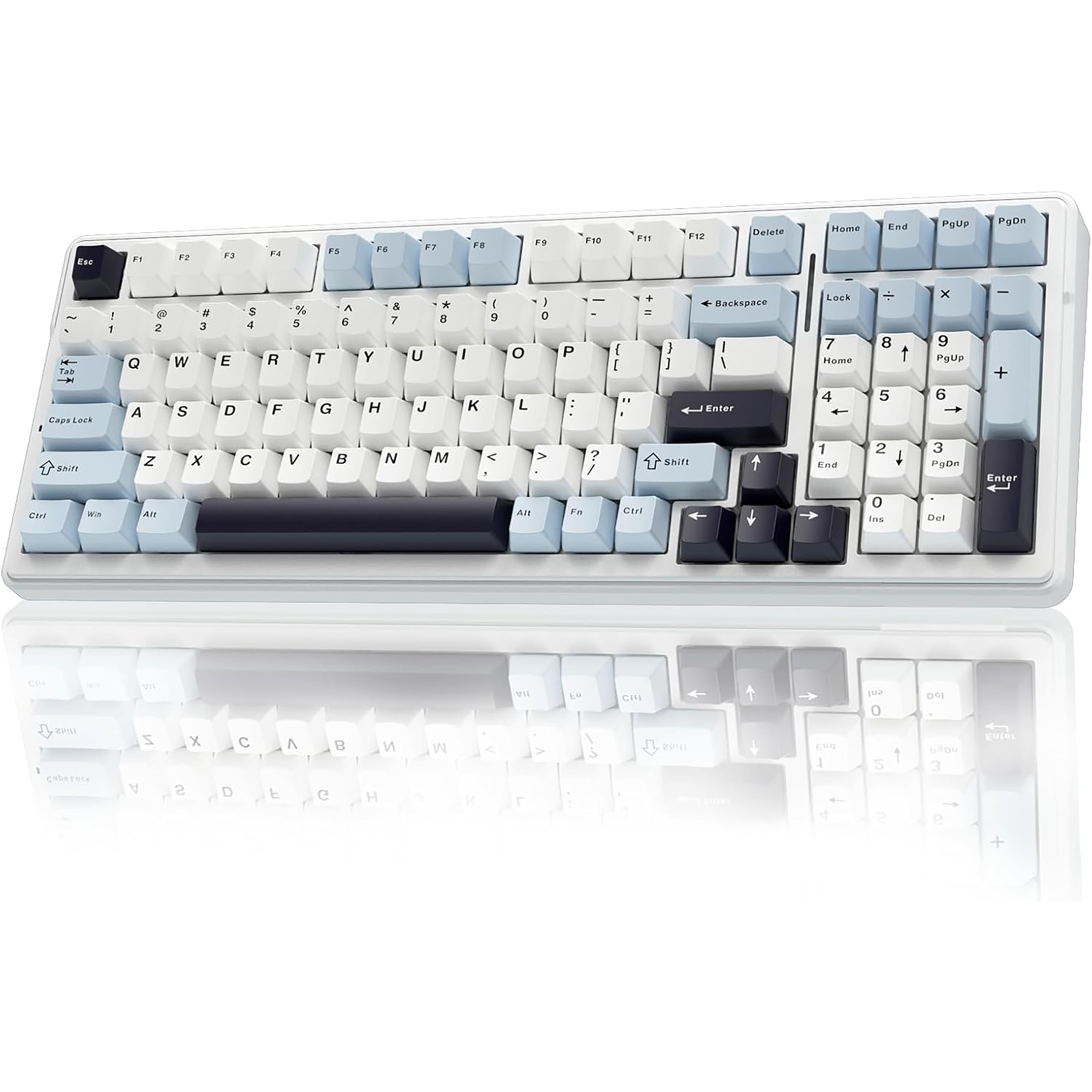 Mechanical keyboard with blue and black keys on a white background