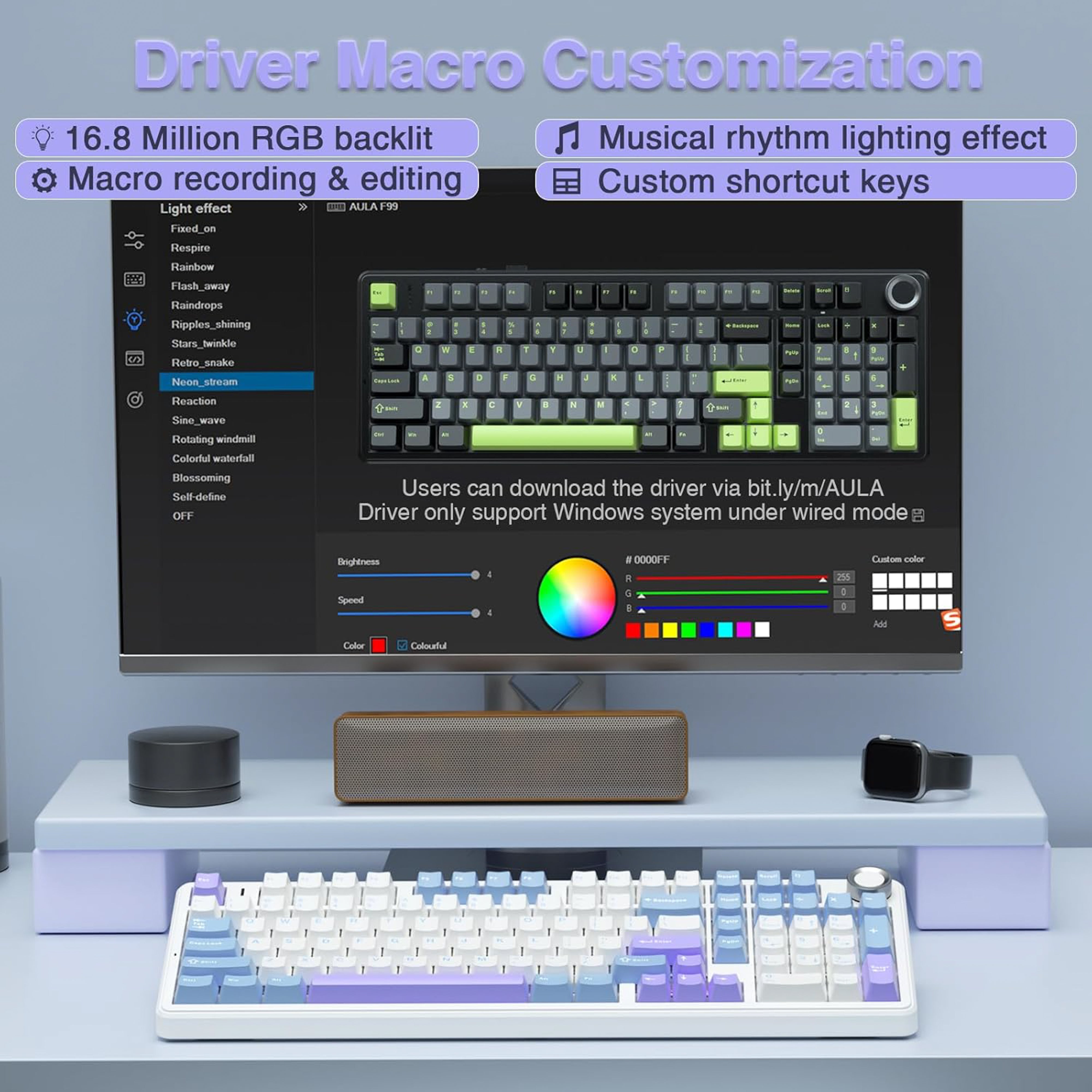 Keyboard with purple and white pastel-colored keys on a white background