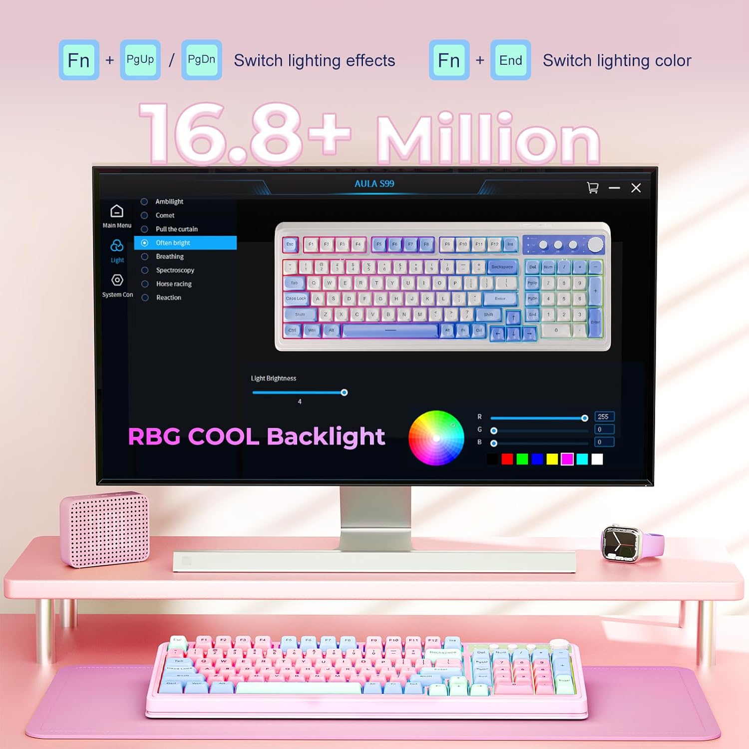 Pink and white mechanical keyboard on a white background
