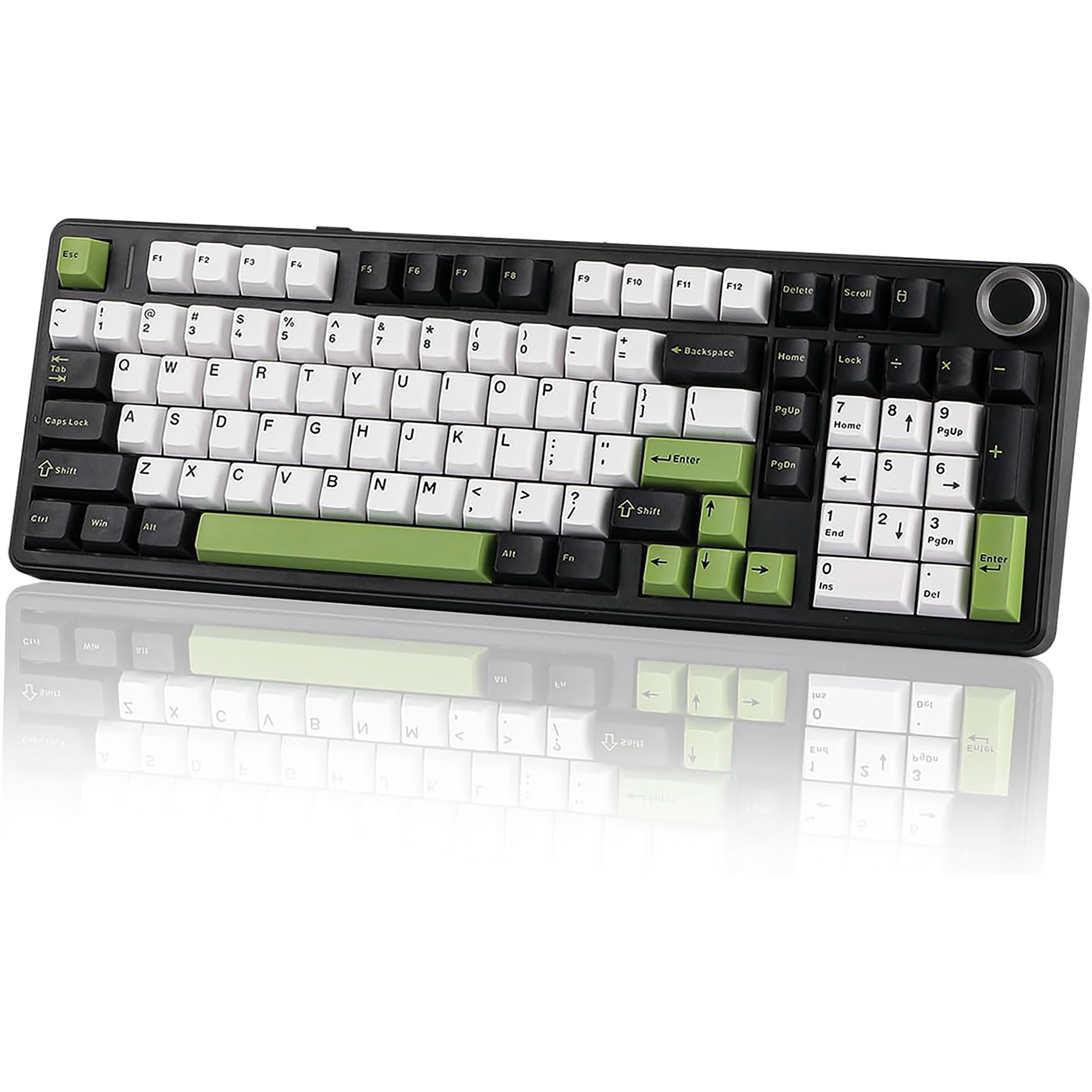 Mechanical keyboard with green and black keys on a white background