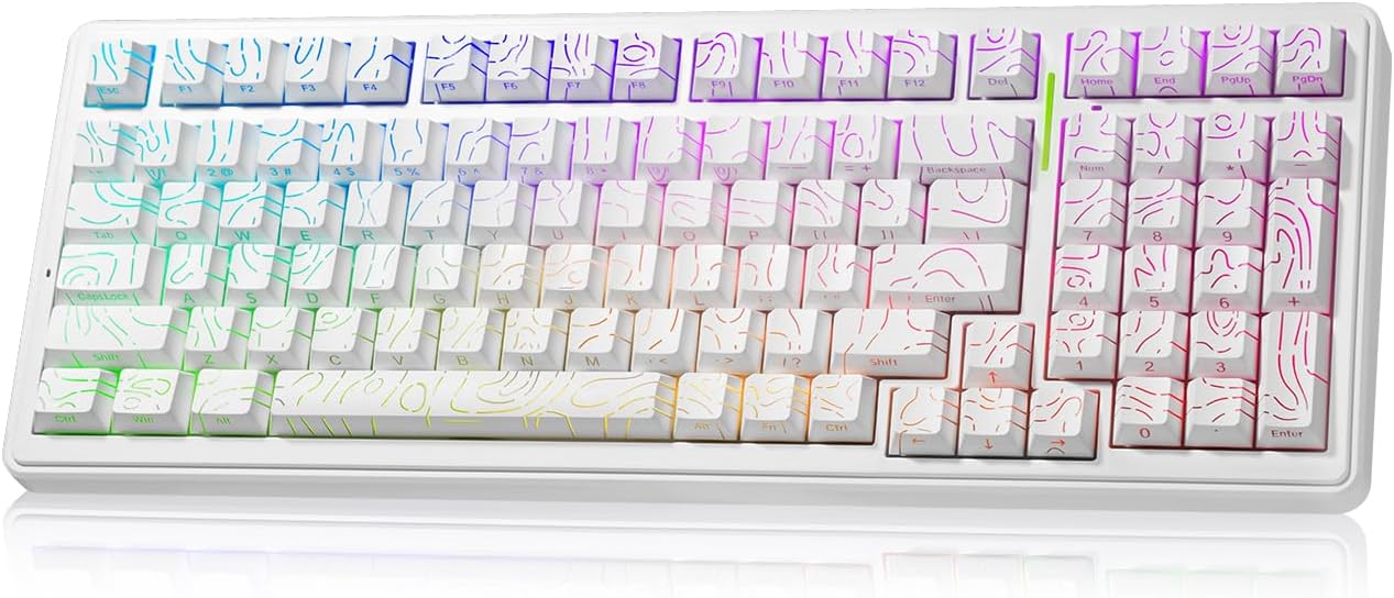 Gaming keyboard with white frame and multicolor keys on a white background
