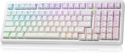 Gaming keyboard with white frame and multicolor keys on a white background