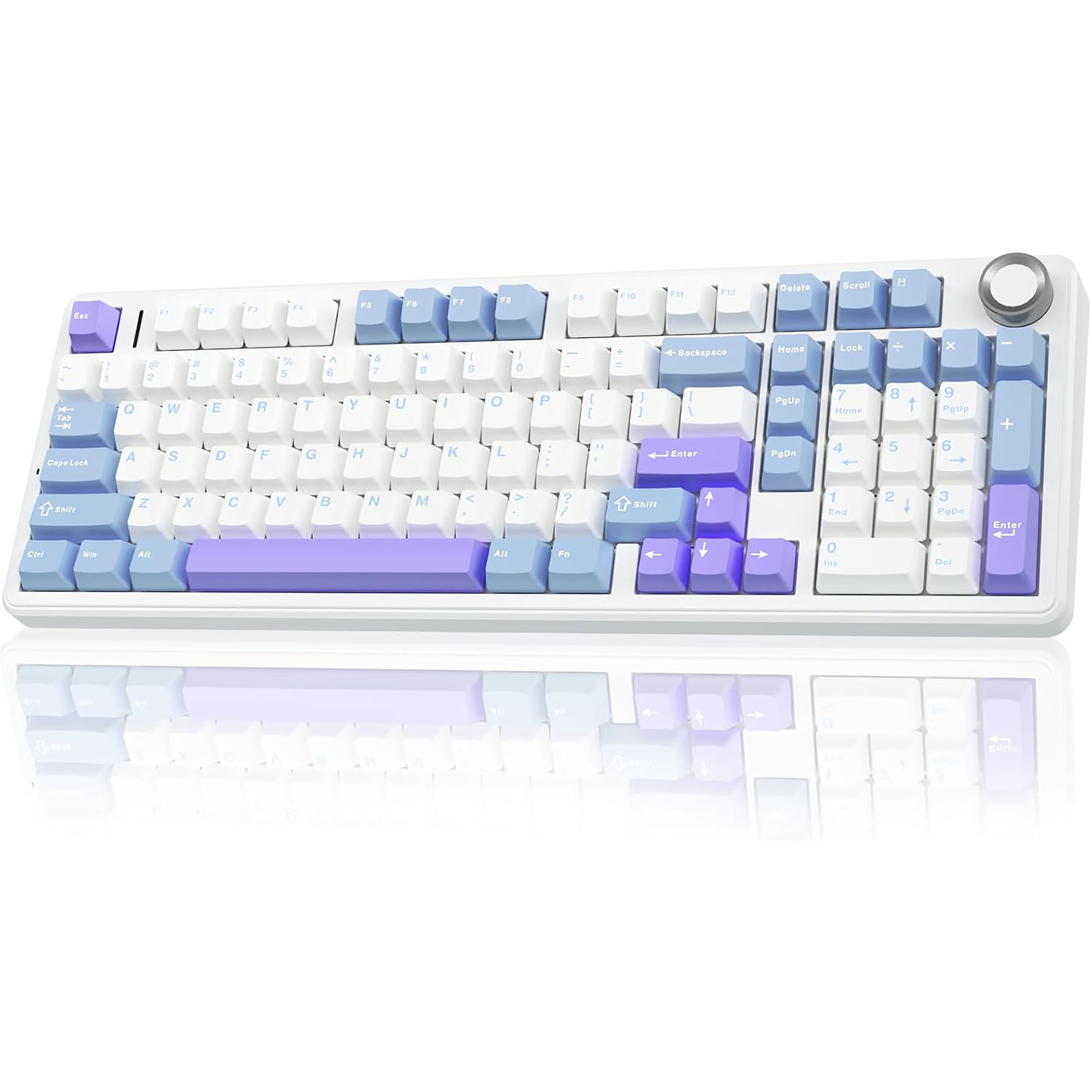 Keyboard with purple and white pastel-colored keys on a white background