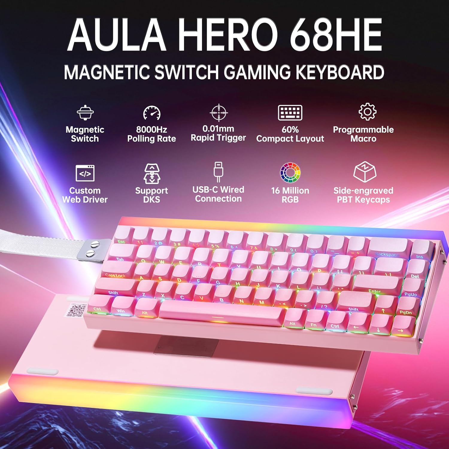 Pink keyboard with rainbow backlight on a white background