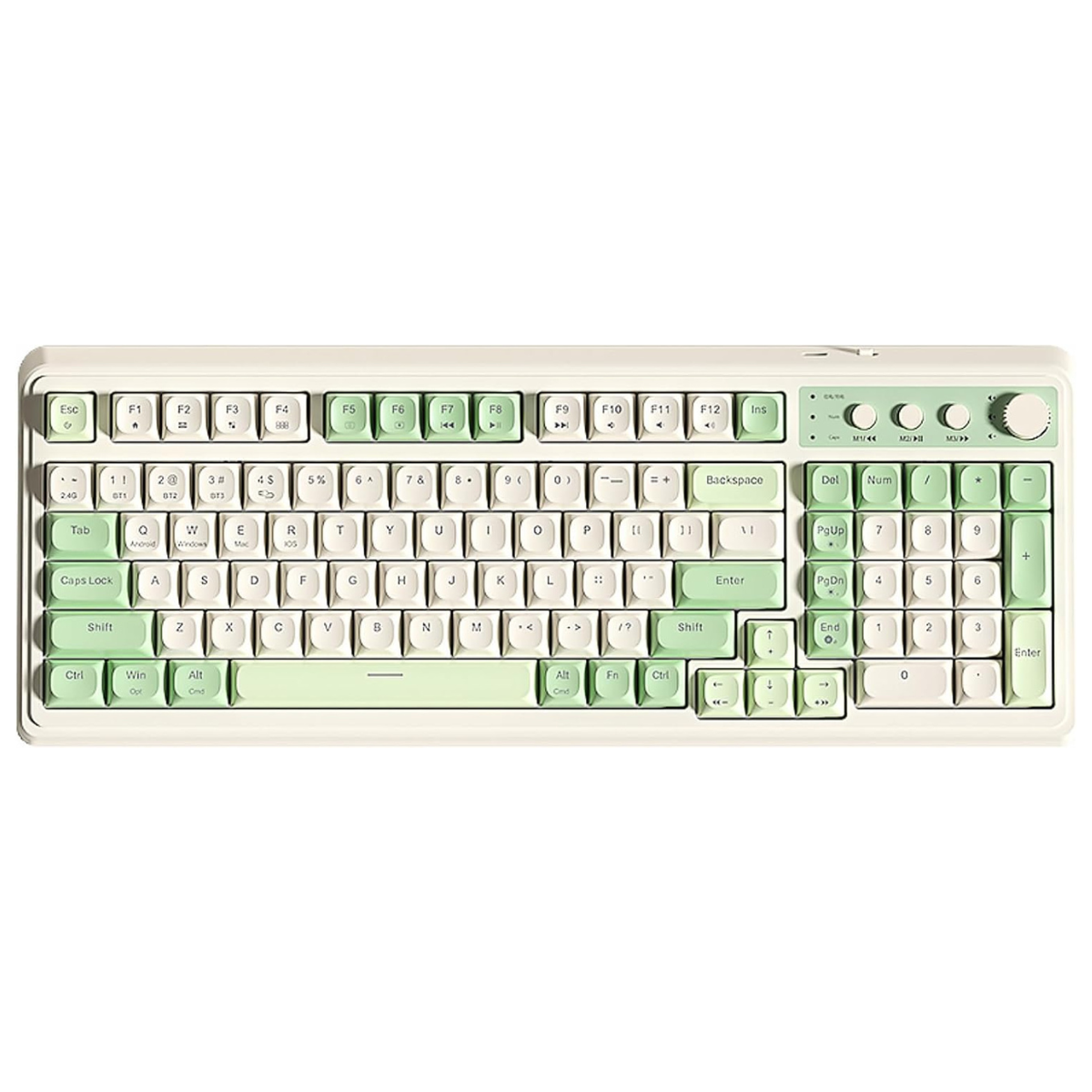 Keyboard with green and white keys on a white background