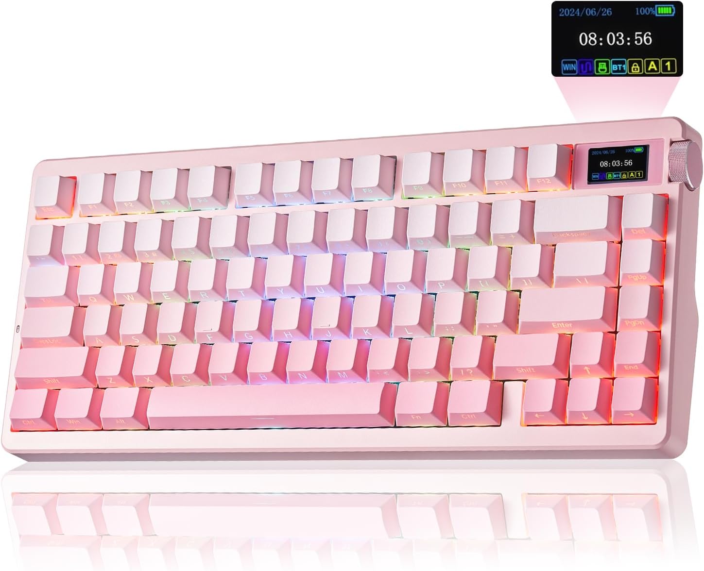 Pink mechanical keyboard with RGB lighting on a white background