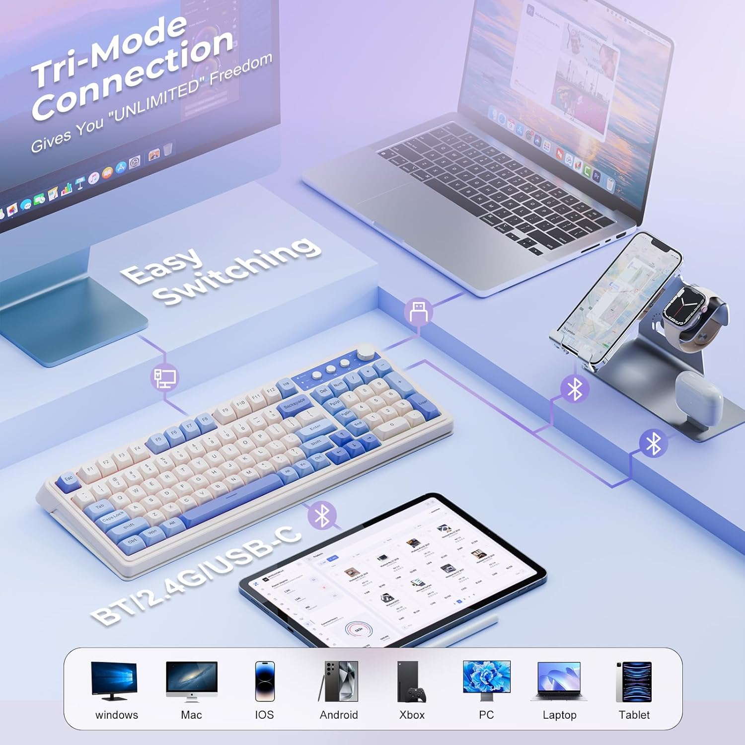 Mechanical keyboard with RGB lighting on a white background